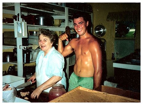 198x - Bianca, chopping chicken, with Brynn Schreiner ('such a joker', Bianca says, later of the Marines).jpg